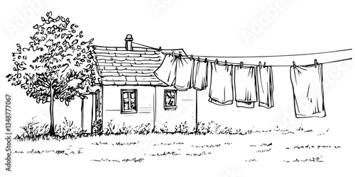 country house with hanging laundry retro ink sketch monochrome isolated vector