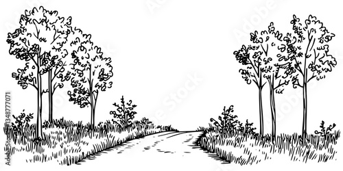 country path among trees retro ink sketch monochrome isolated vector