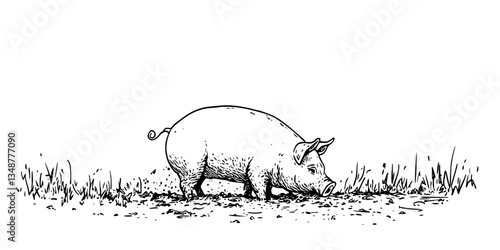 pig in rural farmyard retro ink sketch monochrome isolated vector