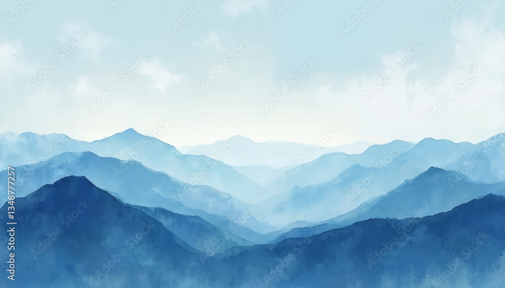 Watercolor painting blue mountain landscape background. Wall art home decor prints. Mountains range with watercolor brush texture. Abstract panorama, nature, adventure, travel, oriental view. Watercolor painting blue mountain landscape background. Wall art home decor prints. Mountains range with watercolor brush texture. Abstract panorama, nature, adventure, travel, oriental view.