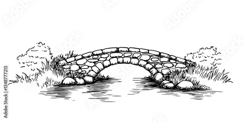 фотографія traditional small stone bridge black and white outline, transparent background l