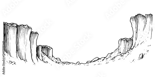 desert canyon rock formations black and white outline, transparent background line art drawing illustration