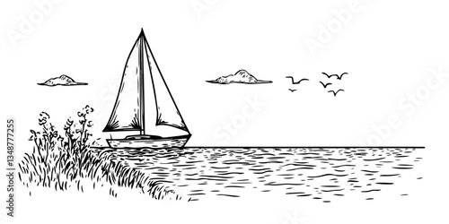 sailboat on masurian lake black and white outline, transparent background line art drawing illustration
