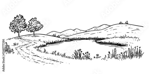 scenic park pond view black and white outline, transparent background line art drawing illustration