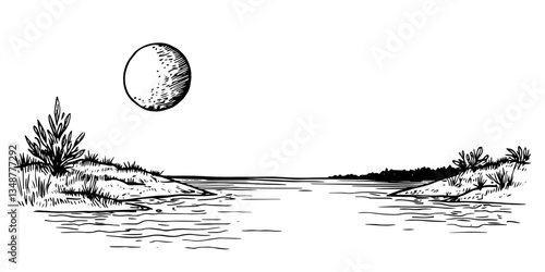 sunset over lake black and white outline, transparent background line art drawing illustration