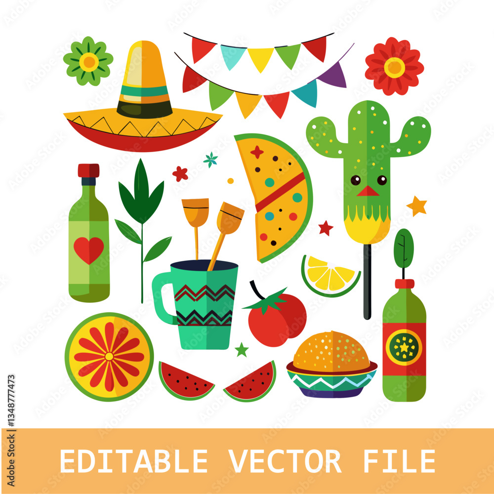 Fototapeta premium Mexican national symbols. Vector design elements for Cinco de Mayo holiday. Fiesta, celebration, party icons