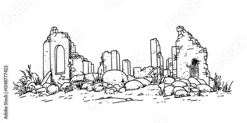 destroyed building ruins black and white outline, transparent background line art drawing illustration