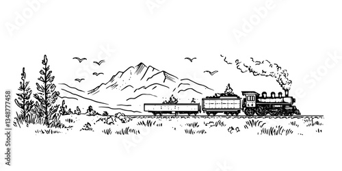 steam train with wagons and mountain landscape black and white outline, transparent background line art drawing illustration