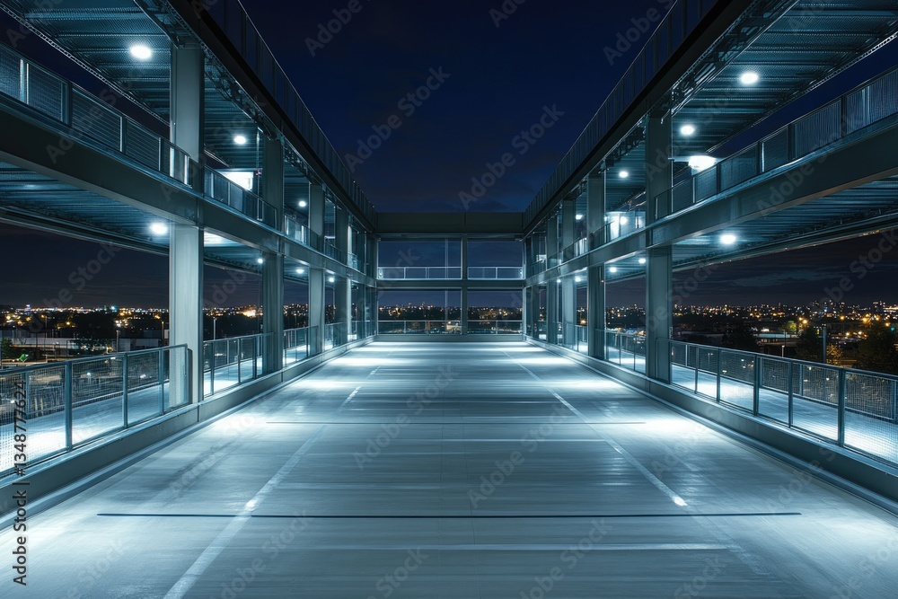 Empty, illuminated rooftop parking lot at night overlooking a city skyline. Empty, illuminated rooftop parking lot at night overlooking a city skyline.