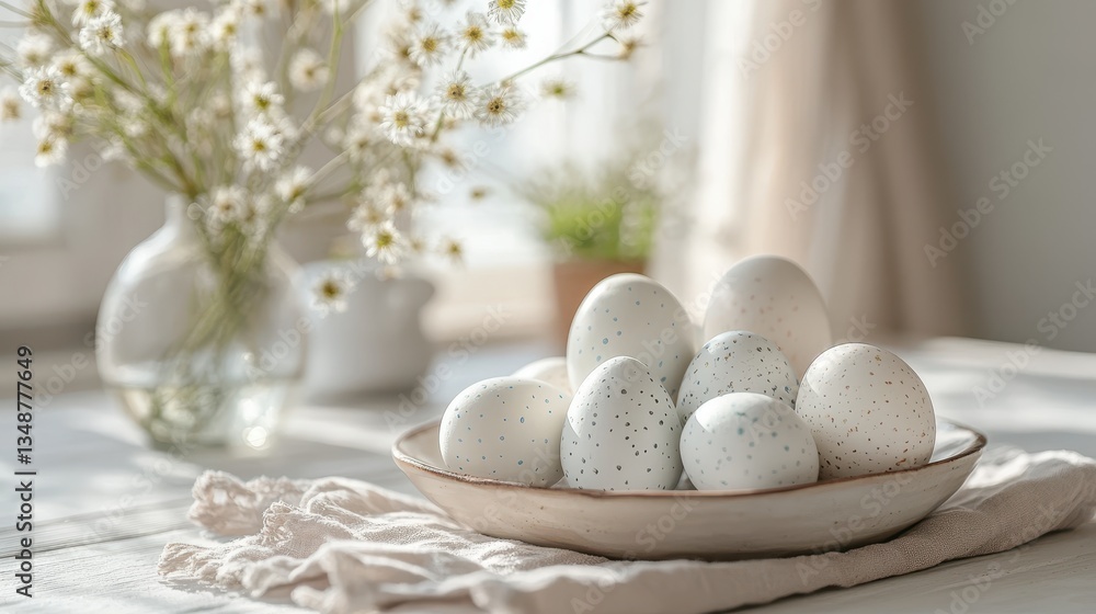 Minimalist Scandinavian Table Setting with Handpainted Ceramic Eggs and Fresh Floral Bouquet Minimalist Scandinavian Table Setting with Handpainted Ceramic Eggs and Fresh Floral Bouquet