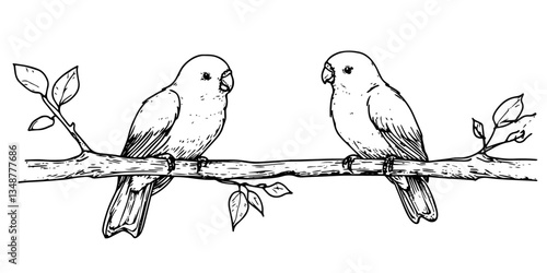 lovebirds on branch looking at each other vector doodle ink sketch