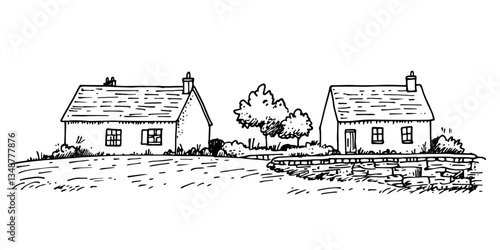rural houses landscape vector doodle ink sketch