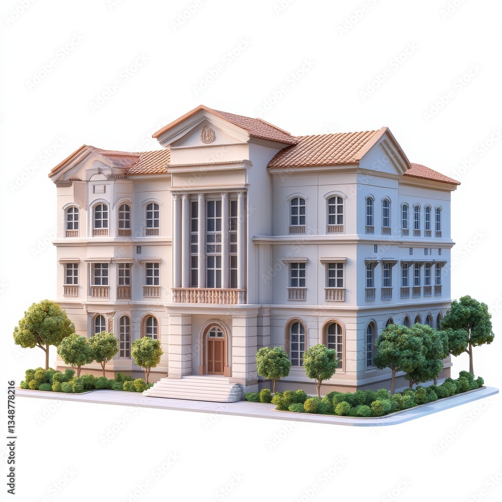 Fototapeta premium Elegant Neoclassical Style Building with Lush Greenery and a White Background, Highlighting Architectural Details