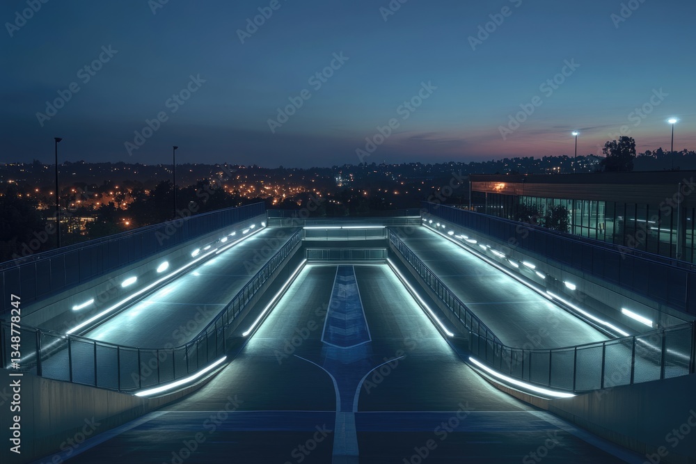 Fototapeta premium Night view of a modern, illuminated pedestrian overpass with city lights in the background.