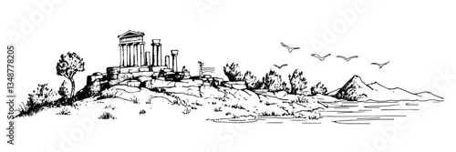 ancient seaside temple ruins vector doodle ink sketch