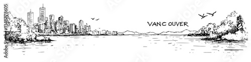 vancouver skyline with waterfront and trees vector sketch illustration in ink doodle style hand drawing for engraving