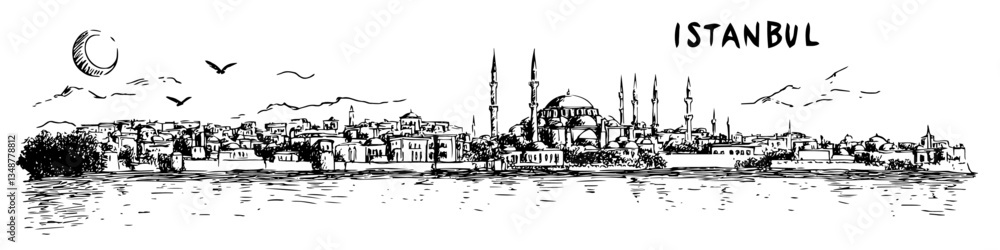 Fototapeta premium istanbul city skyline panorama vector sketch illustration in ink doodle style hand drawing for engraving