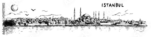 istanbul city skyline panorama vector sketch illustration in ink doodle style hand drawing for engraving