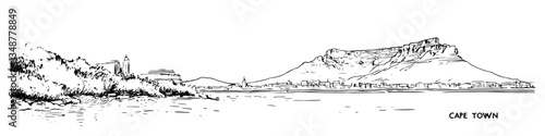 cape town skyline with table mountain vector sketch illustration in ink doodle style hand drawing for engraving
