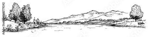 mountain landscape with river and trees vector sketch illustration in ink doodle style hand drawing for engraving