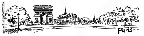 paris street building with trees and cafe vector sketch illustration in ink doodle style hand drawing for engraving