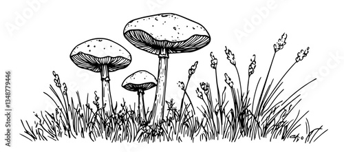 forest mushrooms growing in low grass vector sketch illustration in ink doodle style hand drawing for engraving
