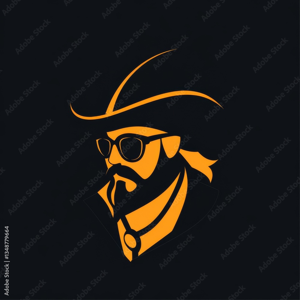 Naklejka premium Sleek Silhouette of a Bearded Man in Hat and Glasses on Black Background - Modern and Stylish Logo Design