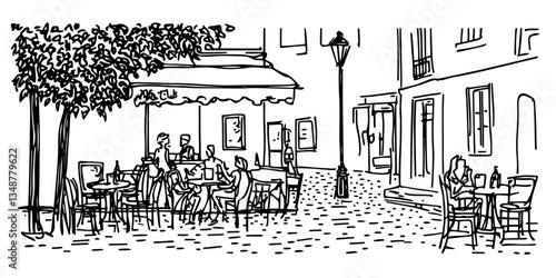 street cafe with people sitting at tables vector sketch illustration in ink doodle style hand drawing for engraving