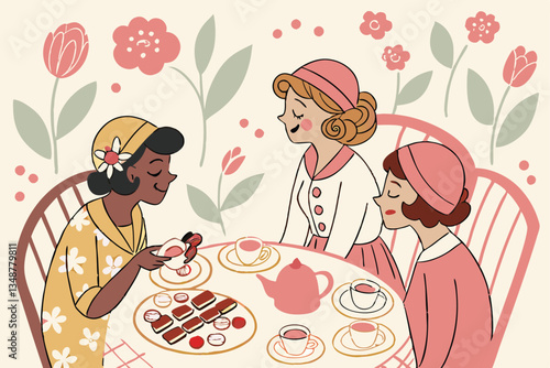 38 Colorful illustration, three women having tea, whimsical style, pastel colors, floral patterns, teacups and sweets, vintage-inspired furniture, hand-drawn aesthetic, feminine gathering, casual soci