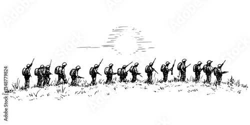 soldiers marching after the war vector sketch illustration in ink doodle style hand drawing for engraving
