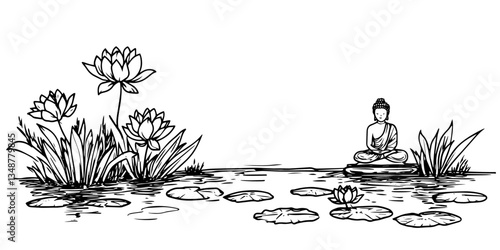 buddha statue meditating by the lake with lotus flowers vector sketch illustration in ink doodle style hand drawing for engraving