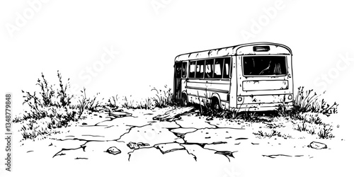 abandoned bus in post-apocalyptic landscape hand drawn ink sketch, vector engraving monochrome doodle