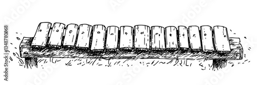 wooden xylophone hand drawn ink sketch, vector engraving monochrome doodle