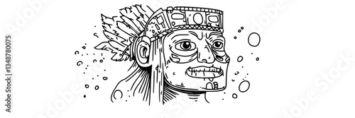 submerged aztec sculpture hand drawn ink sketch, vector engraving monochrome doodle