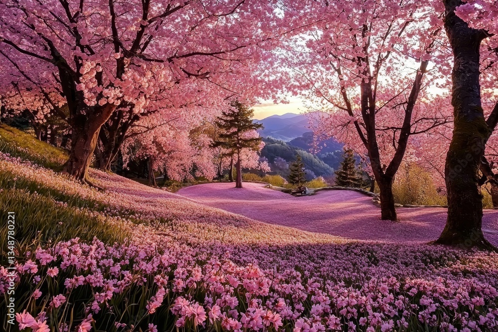 Naklejka premium A serene cherry blossom forest in full bloom.