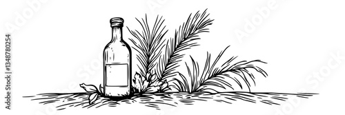bottle in grass hand drawn ink sketch, vector engraving monochrome doodle