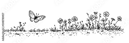  butterfly and flowers vector sketch illustration