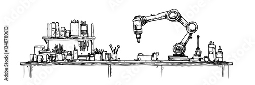 robotic arm workshop technology engineering vector sketch doodle engraving