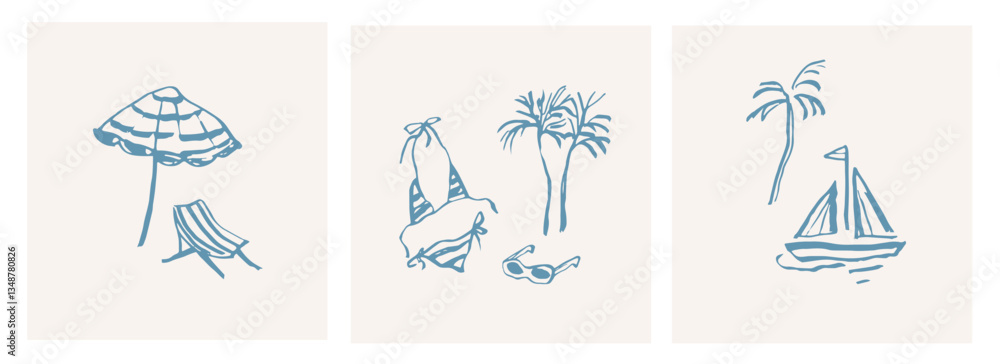 Obraz premium Hand drawn retro coastal summer vacation cards