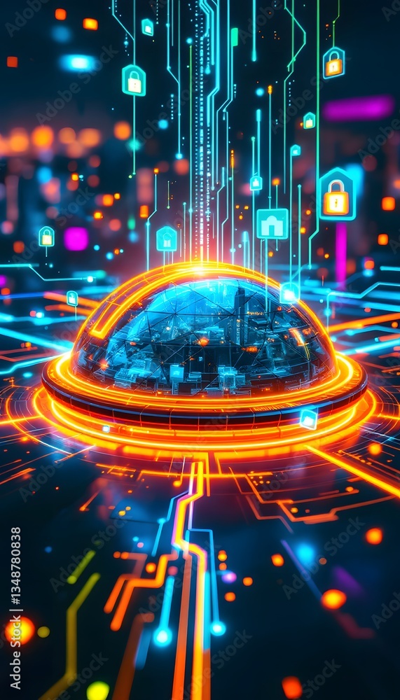 Futuristic Data Security Sphere with Neon Circuitry Futuristic Data Security Sphere with Neon Circuitry