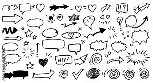 Hand-drawn Icons & Symbols: A collection of hand-drawn speech bubbles, arrows, hearts, stars and checkmarks, offering a versatile set for conveying thoughts, directions, and emotions.