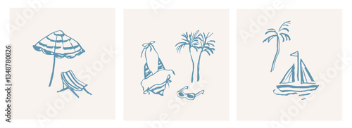 Hand drawn retro coastal summer vacation cards