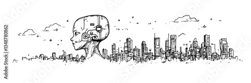 cyberpunk robot head futuristic city vector sketch doodle engraving