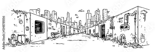 abandoned alley urban city skyline vector sketch doodle engraving