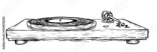 vintage turntable vinyl record player music vector sketch doodle engraving