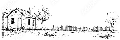 old countryside house fence tree vector sketch doodle engraving