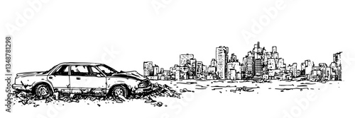abandoned car city skyline vector sketch doodle engraving