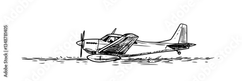 small propeller airplane on ground vector doodle sketch engraving