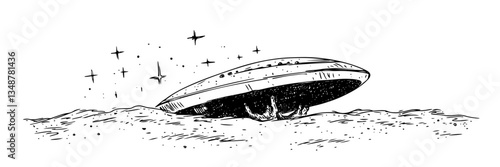 crashed ufo on alien planet vector doodle sketch engraving
