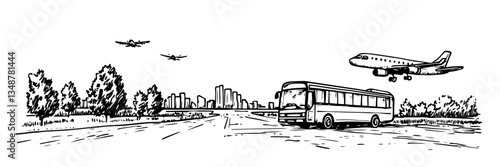 airport scene with bus and airplanes vector doodle sketch engraving
